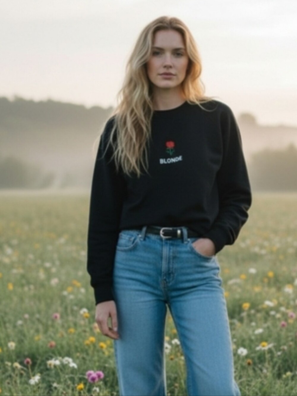 Brunette The Label "BLONDE" Crewneck with Rose Embroidery